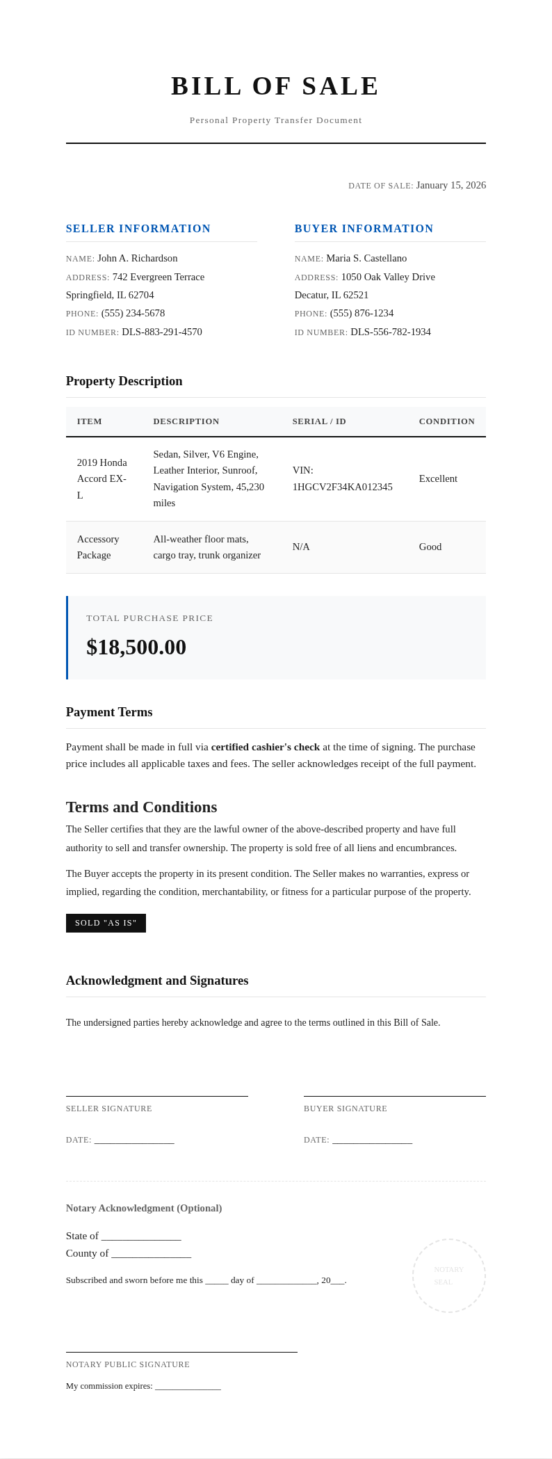 Classic Professional Bill Of Sale